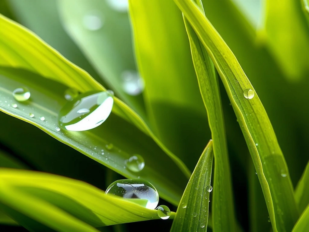 Foglie verdi e gocce d'acqua, simboleggianti freschezza e naturalità
