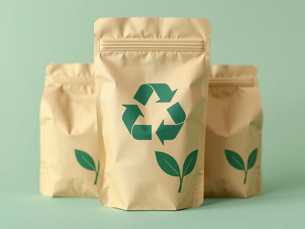 Packaging riciclabile con simbolo di riciclo e foglie, ecologico