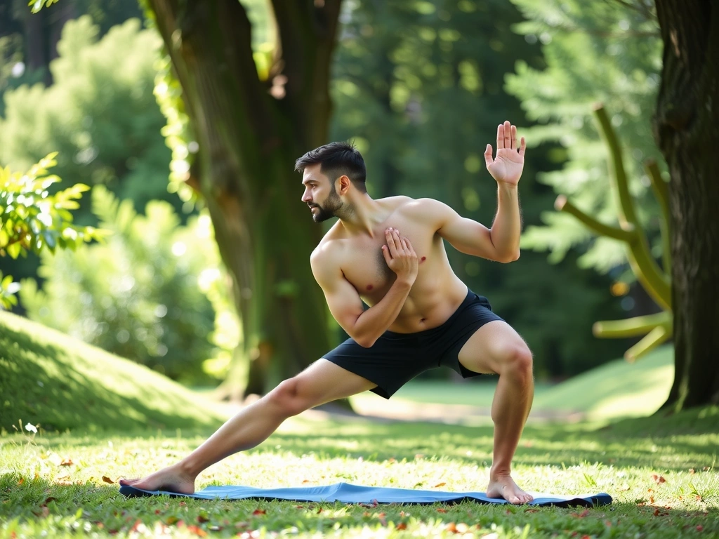Uomo che pratica yoga in natura, simbolo di equilibrio e vitalità.